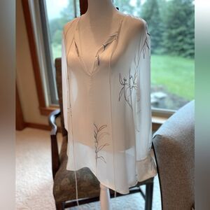 Theory Medium White Long Sleeve 100% Silk See-through Blouse.